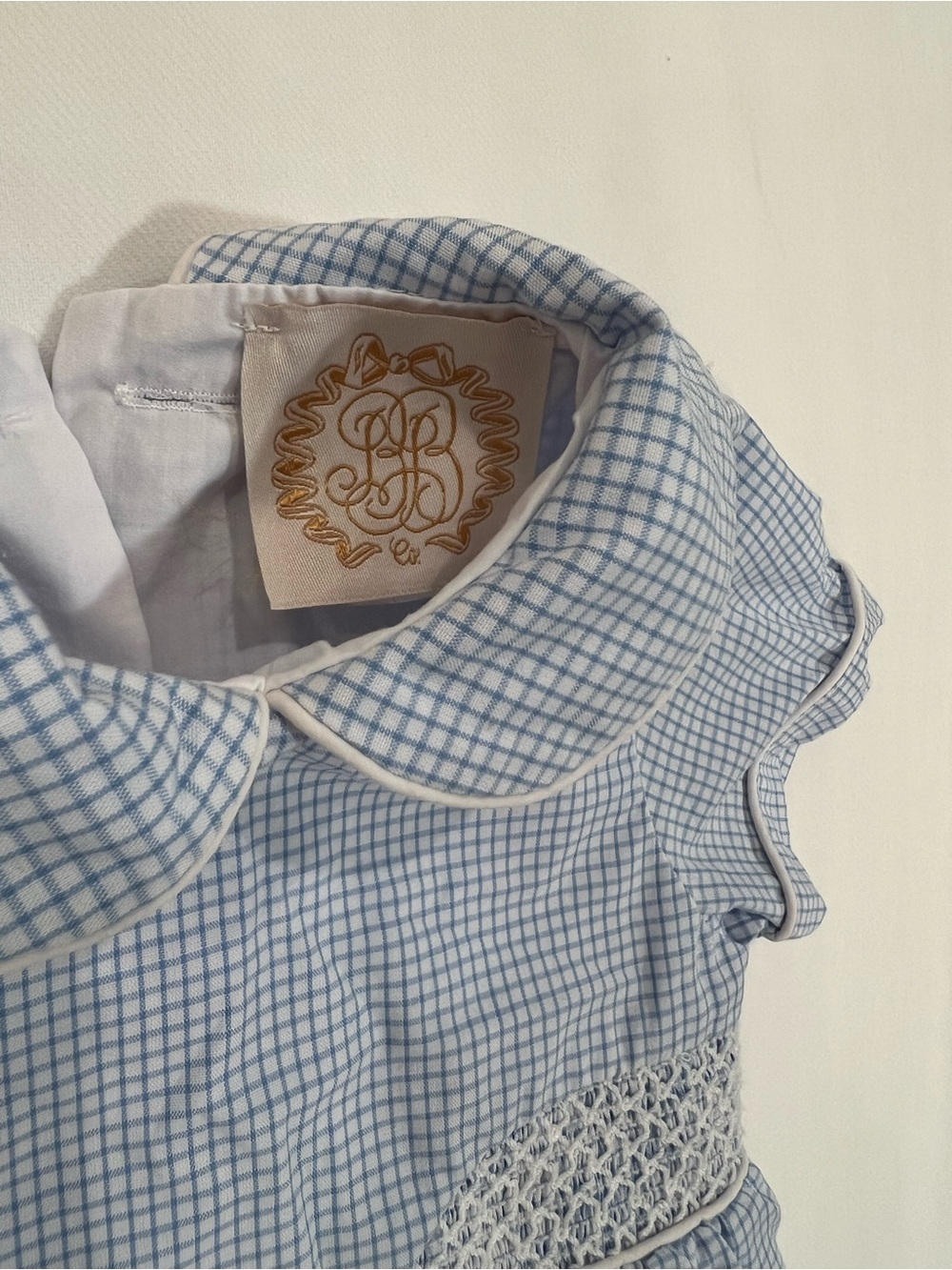 The Beaufort Bonnet Co Blue Gingham Peter Pan Collar Bubble with Smocking - Picture 3 of 7